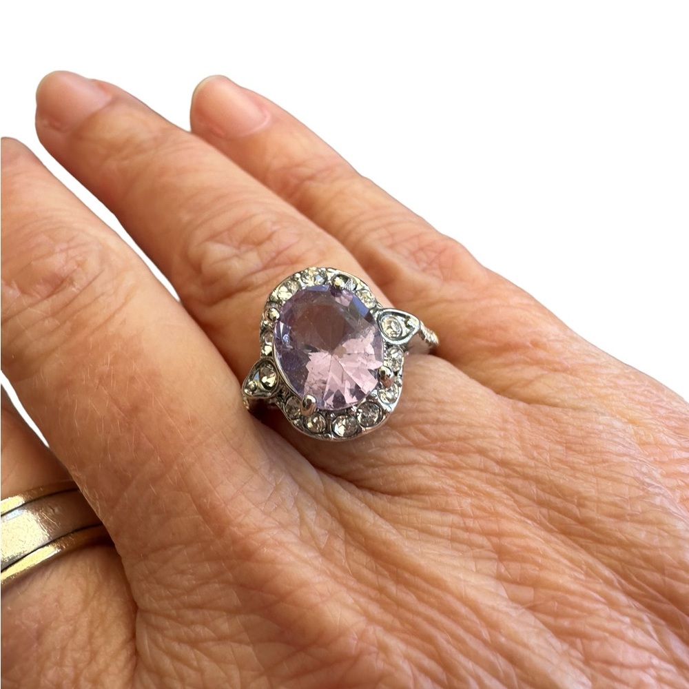 Amethyst and Rhinestone High Set Silver Ring